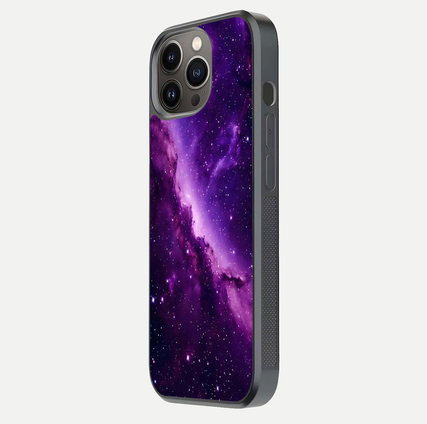 Purple Shade Sky Glass Case for iPhone 13 Pro side-angle image showing shine and soft violet blend
