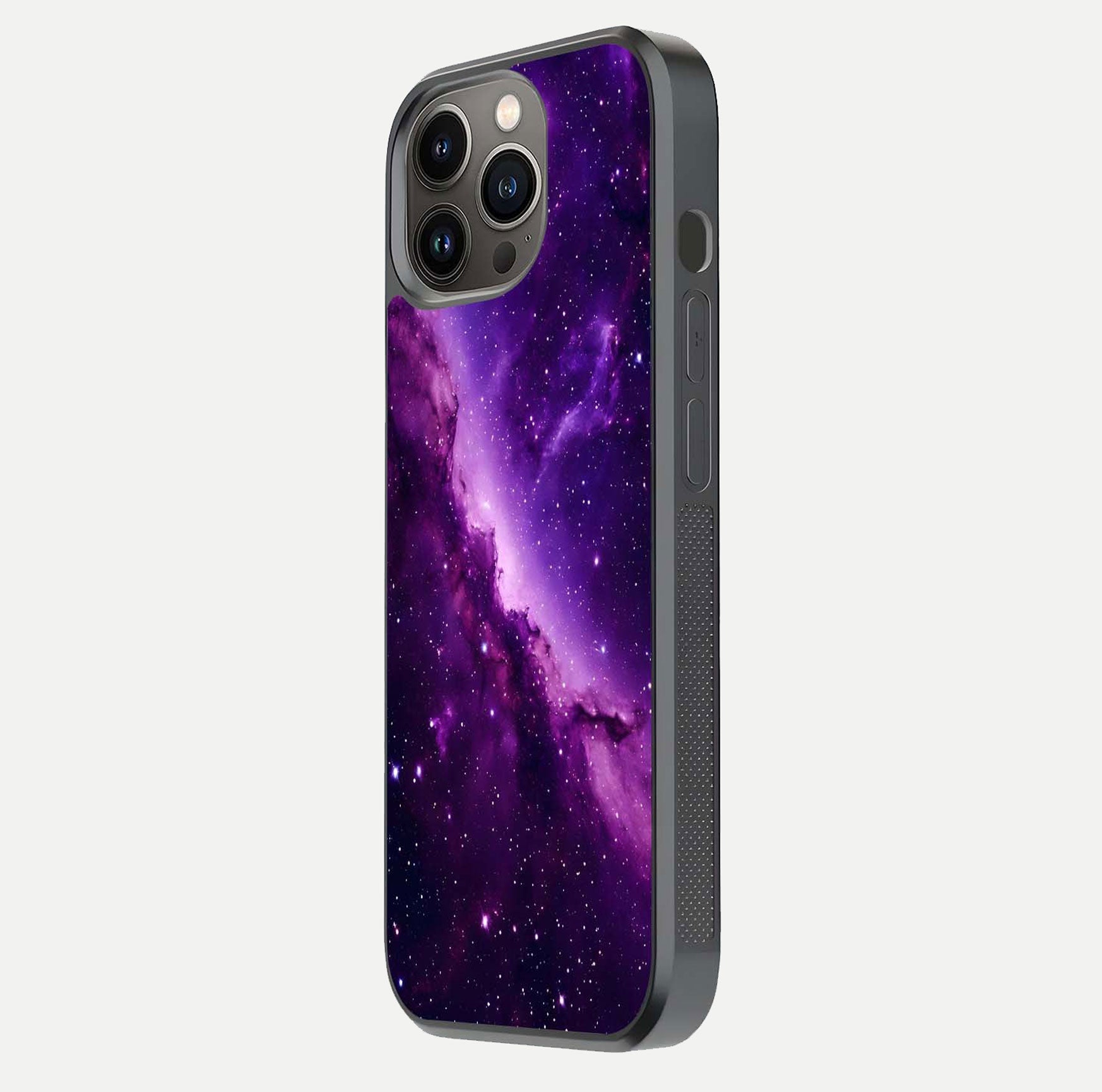 Purple Shade Sky Glass Case for iPhone 13 Pro side-angle image showing shine and soft violet blend