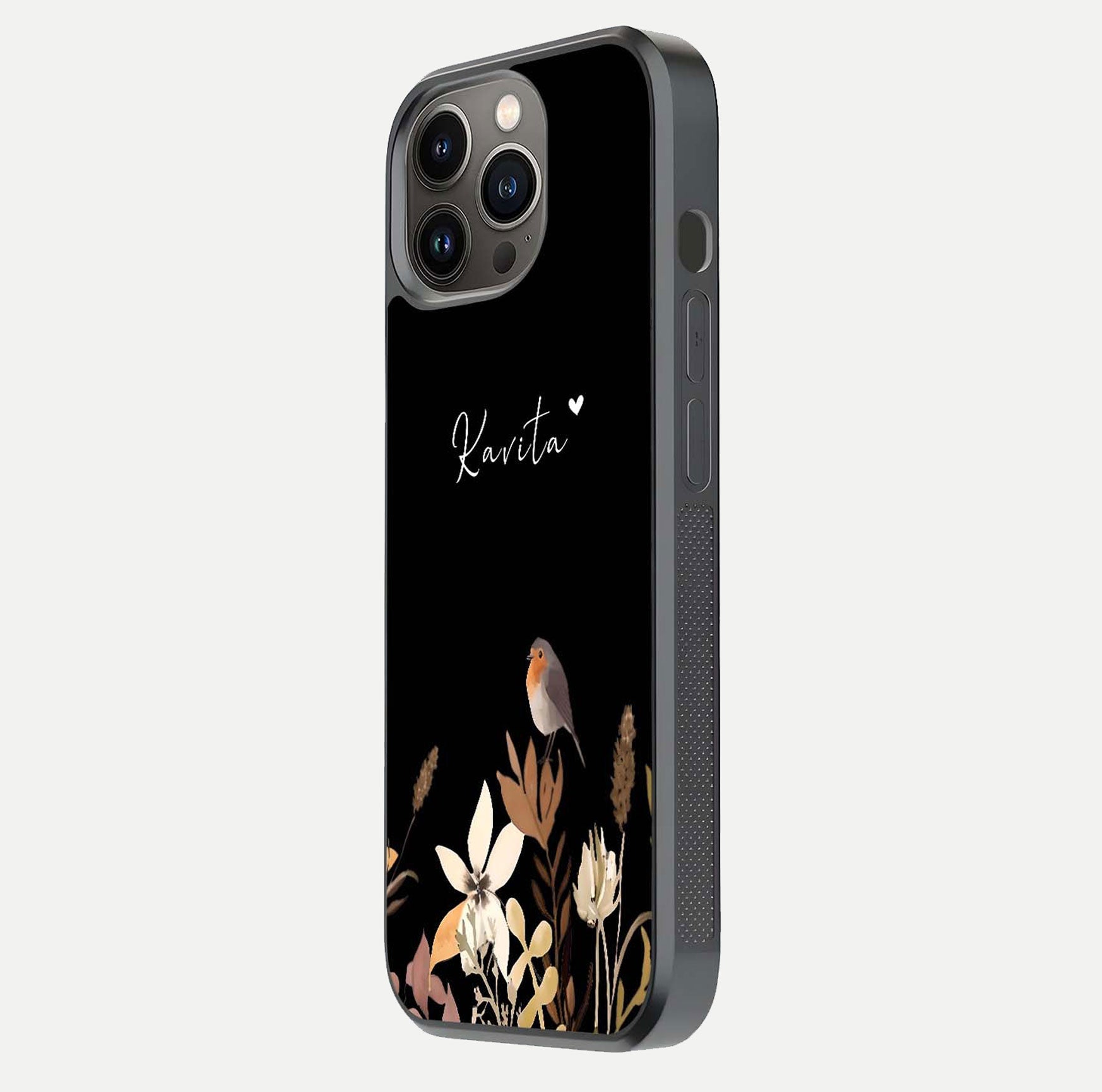Quiet Garden Tune Custom Name Glass Case for iPhone 13 Pro side-angle image showing reflection and floral design
