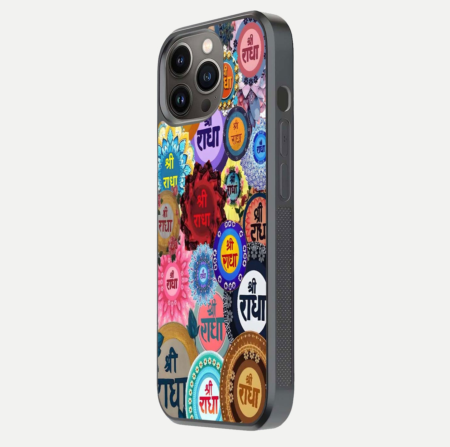 Radha Divine Bloom Glass Case for iPhone 13 Pro side-angle image showing shine, reflection, and floral motif