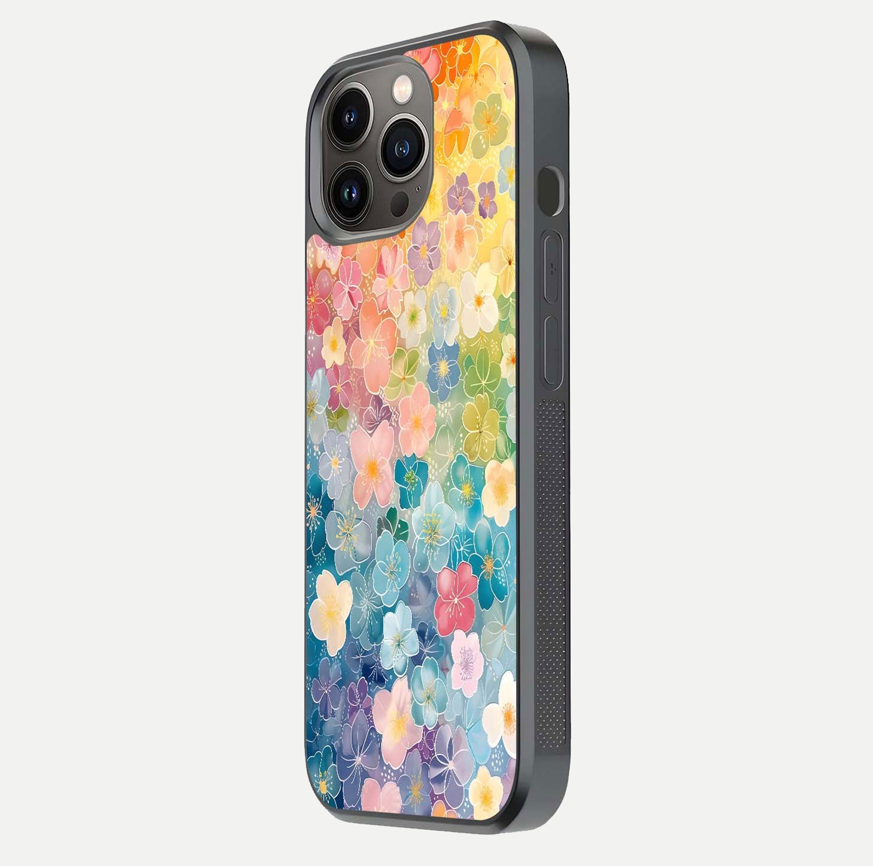 Rainbow Blossom Burst Glass Case for iPhone 13 Pro side-angle image showing reflection and floral burst detail