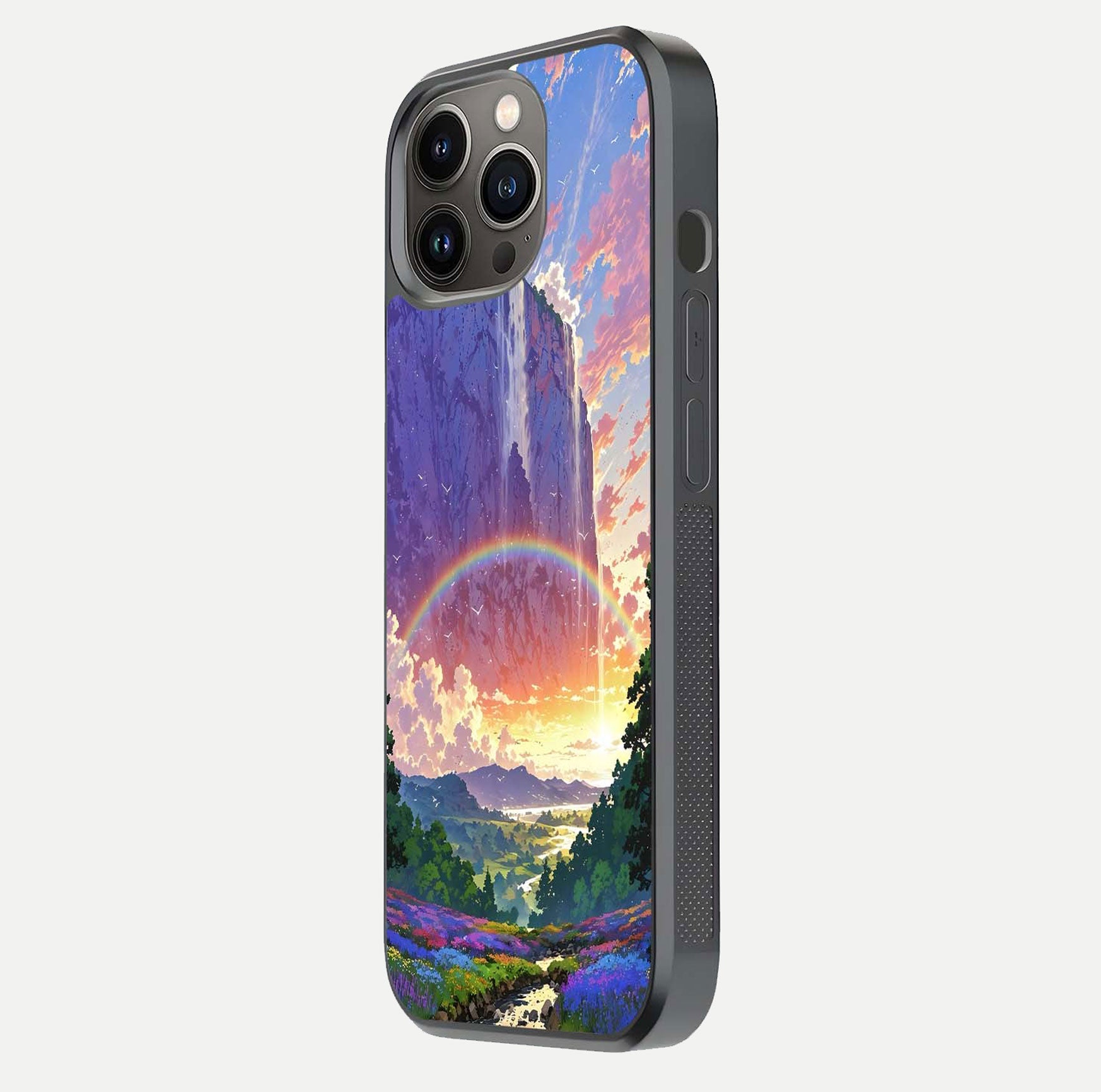Rainbow Valley Dream Glass Case for iPhone 16 Pro side-angle image showing light reflection and scenic tones