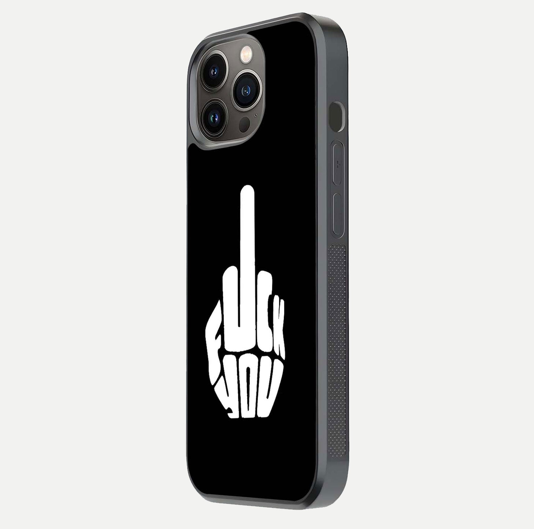 Rebel Mode On Glass Case for iPhone 13 Pro side-angle image showing reflection, edge detail, and text clarity