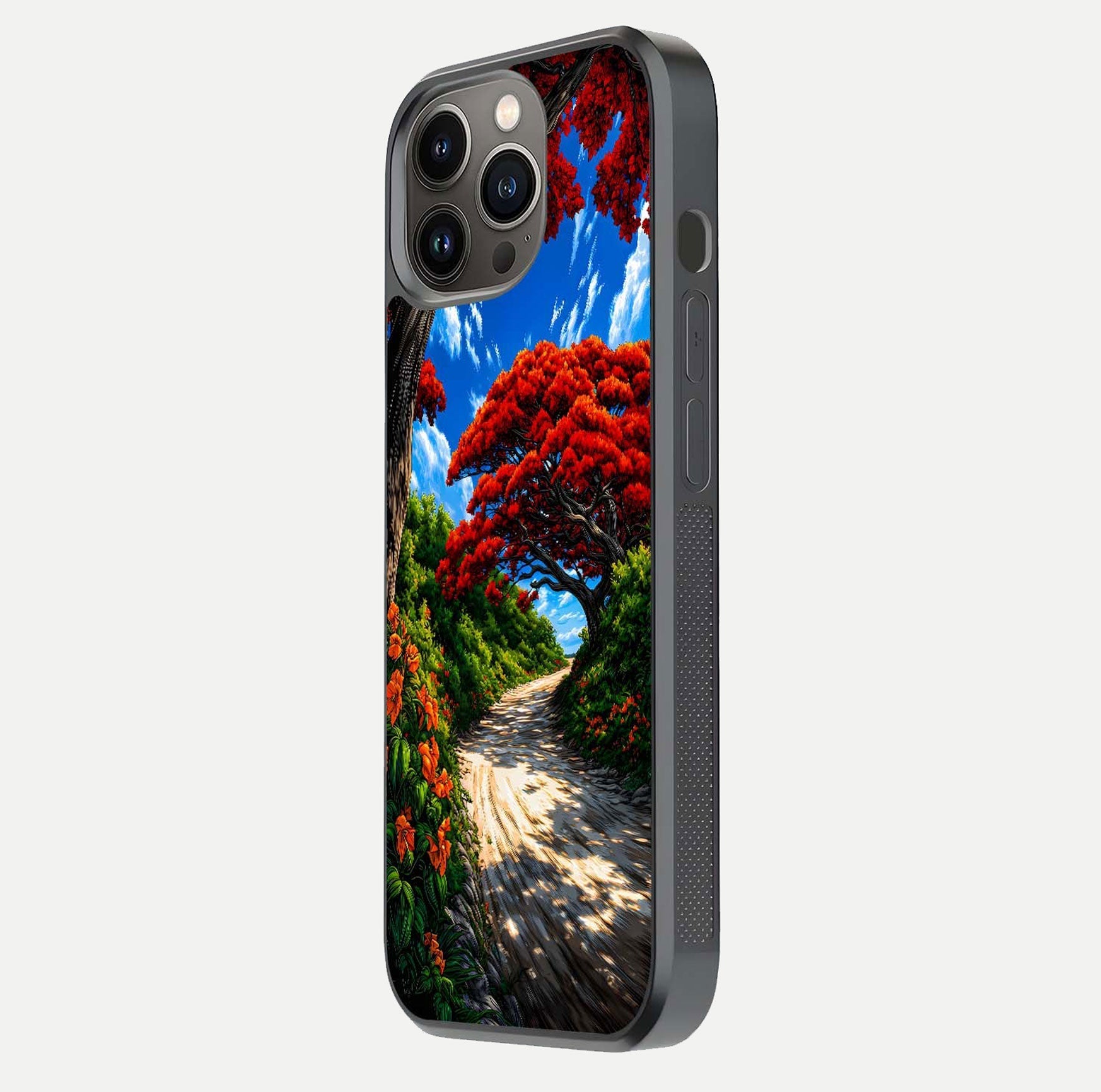 Red Trees Pathway Glass Case for iPhone 13 Pro side-angle image showing reflection and autumn vibe