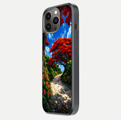 Red Trees Pathway Glass Case for iPhone 13 Pro side-angle image showing reflection and autumn vibe