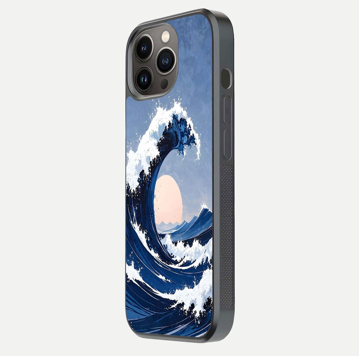 Rising Tide Power Glass Case for iPhone 13 Pro side-angle image showing shine and detailed ocean art