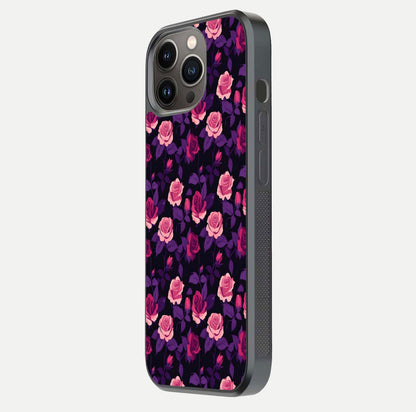 Rose Garden Twilight Glass Case for iPhone 13 Pro side-angle image showing reflection, gloss, and floral detail