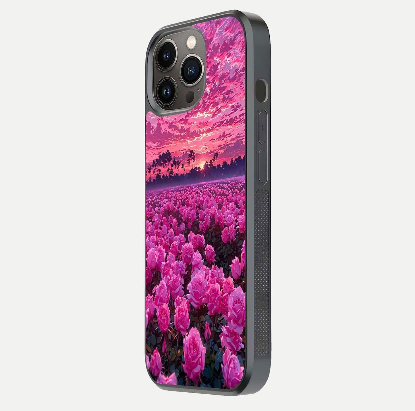 Rose Sunset Valley Glass Case for iPhone 13 Pro side-angle image showing smooth edges and floral glow