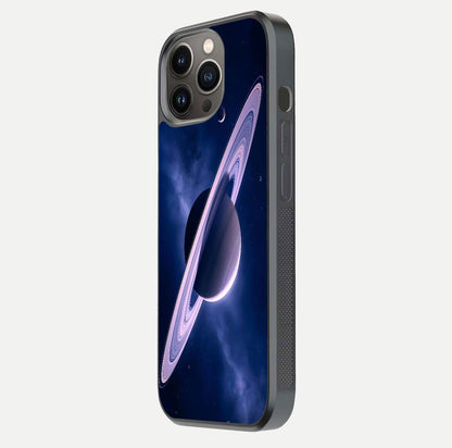 Saturn Ring Mystique Glass Case for iPhone 13 Pro side-angle image showing shine and galaxy ring focus