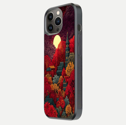 Scarlet Autumn Temple Glass Case for iPhone 13 Pro side-angle image showing color depth and reflection clarity