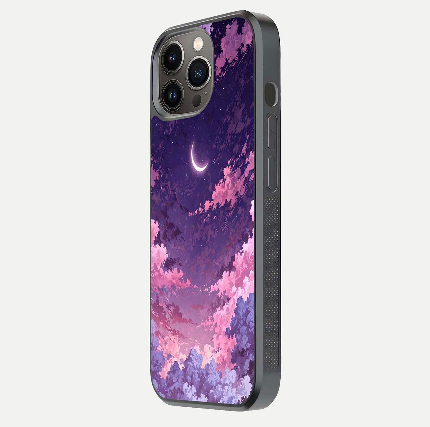 Sky Drift Clouds Glass Case for iPhone 13 Pro side-angle image showing reflection, blue tones, and soft gradient
