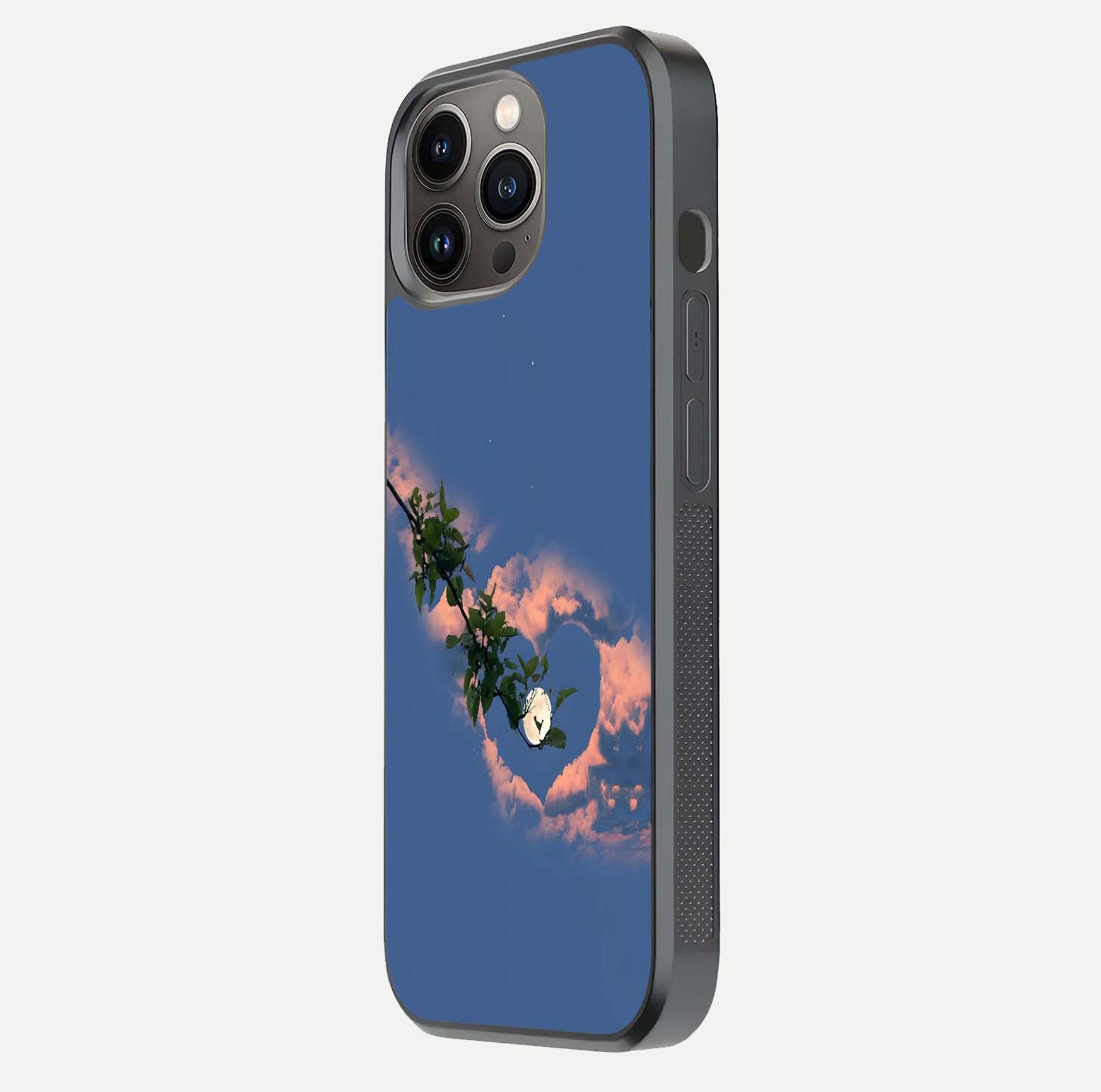 Sky Under Tree Glass Case for iPhone 13 Pro side-angle image showing shine, edge texture, and scenic detail