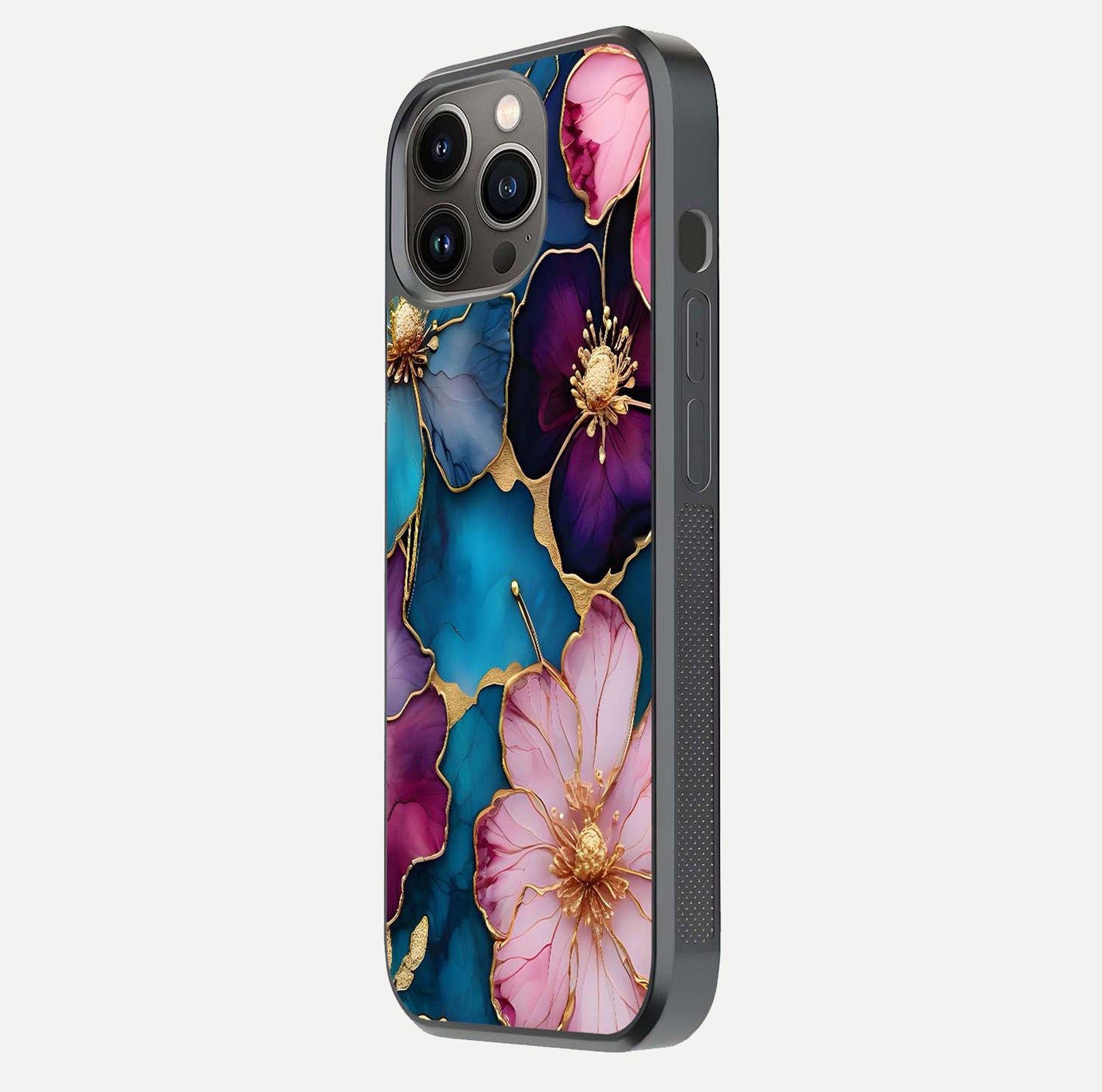 Sparkle Floral Glass Case for iPhone 13 Pro side-angle image showing reflection, gloss, and floral texture