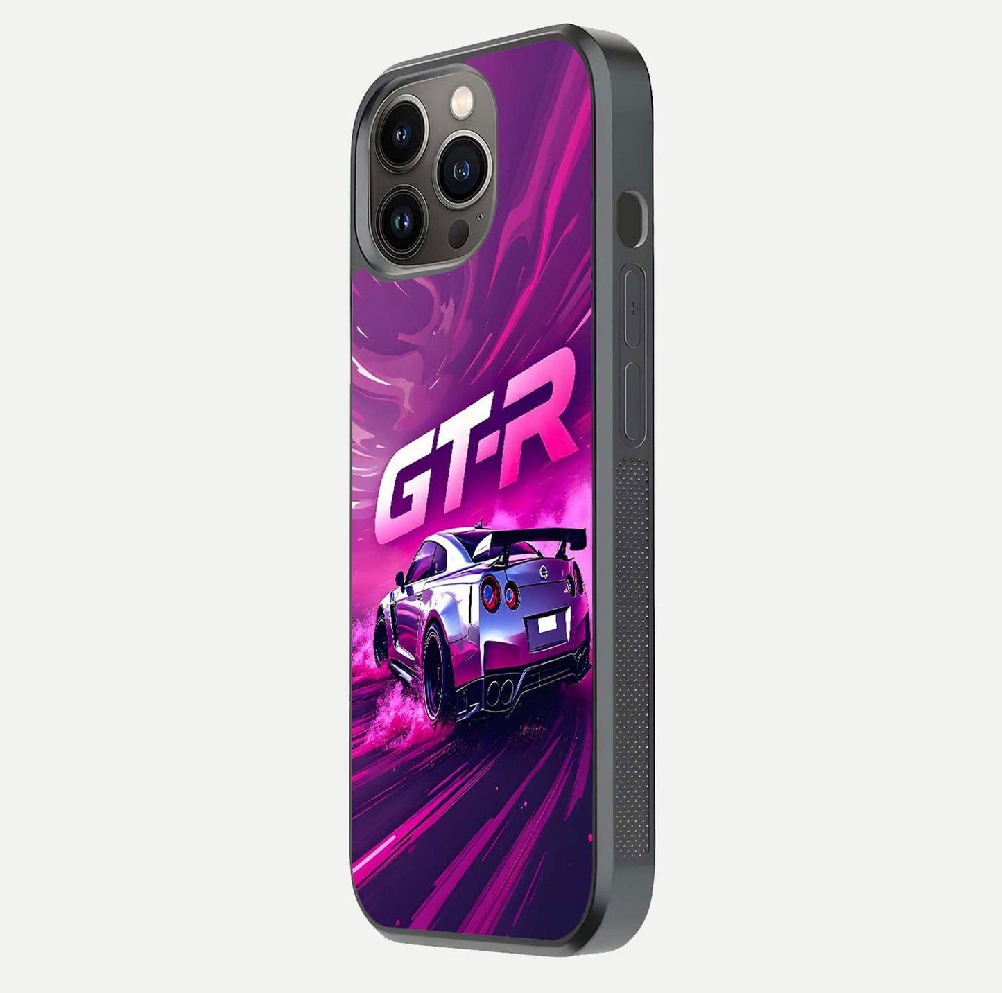 Speed Drift Legend Glass Case for iPhone 13 Pro side-angle image showing car print reflection and surface gloss