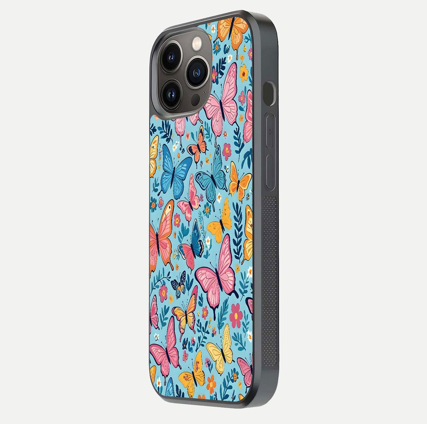 Spiritual Krishna Glass Case for iPhone 16 Pro side-angle image showing reflection and vivid artwork clarity