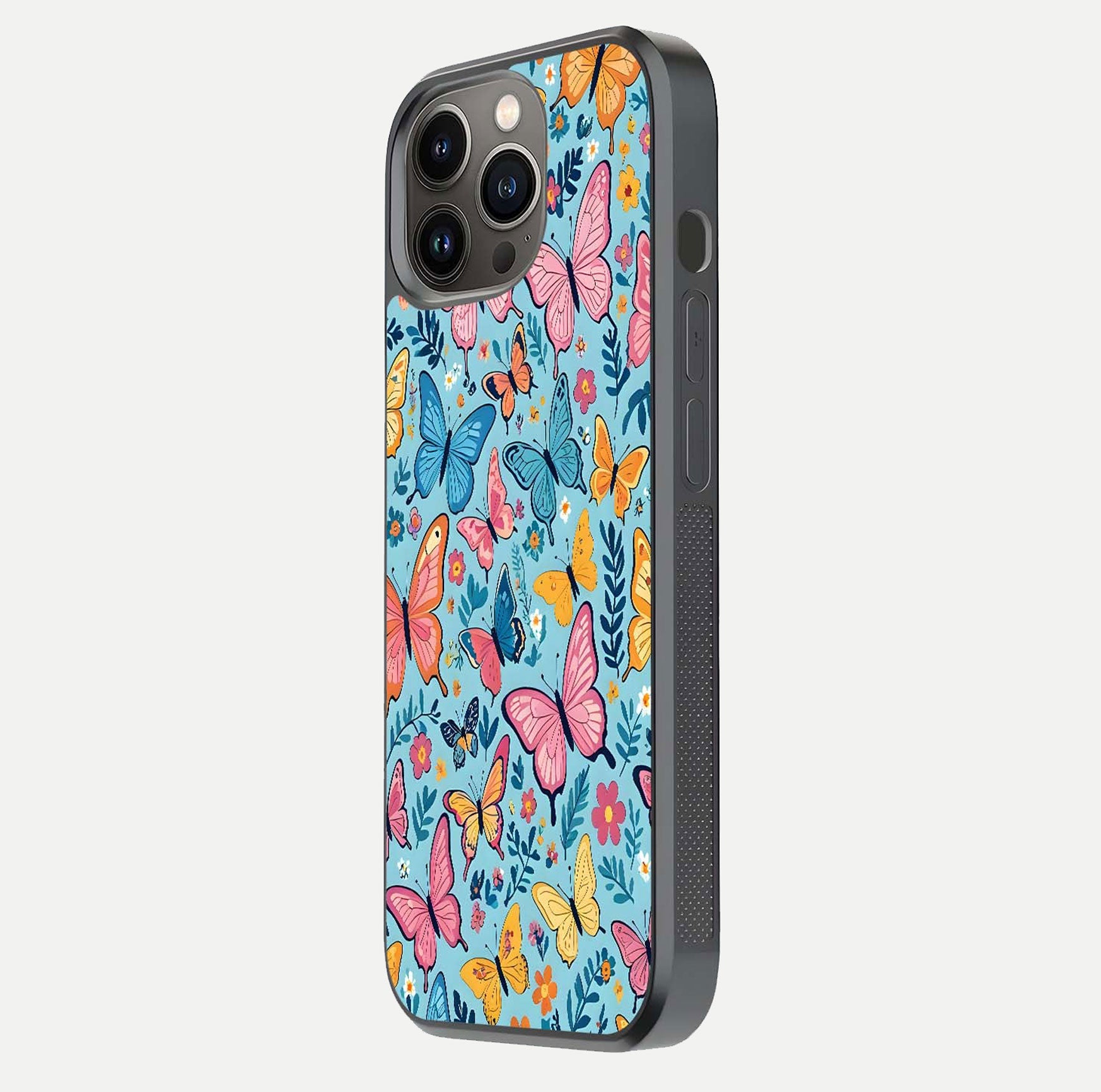 Spiritual Krishna Glass Case for iPhone 16 Pro side-angle image showing reflection and vivid artwork clarity