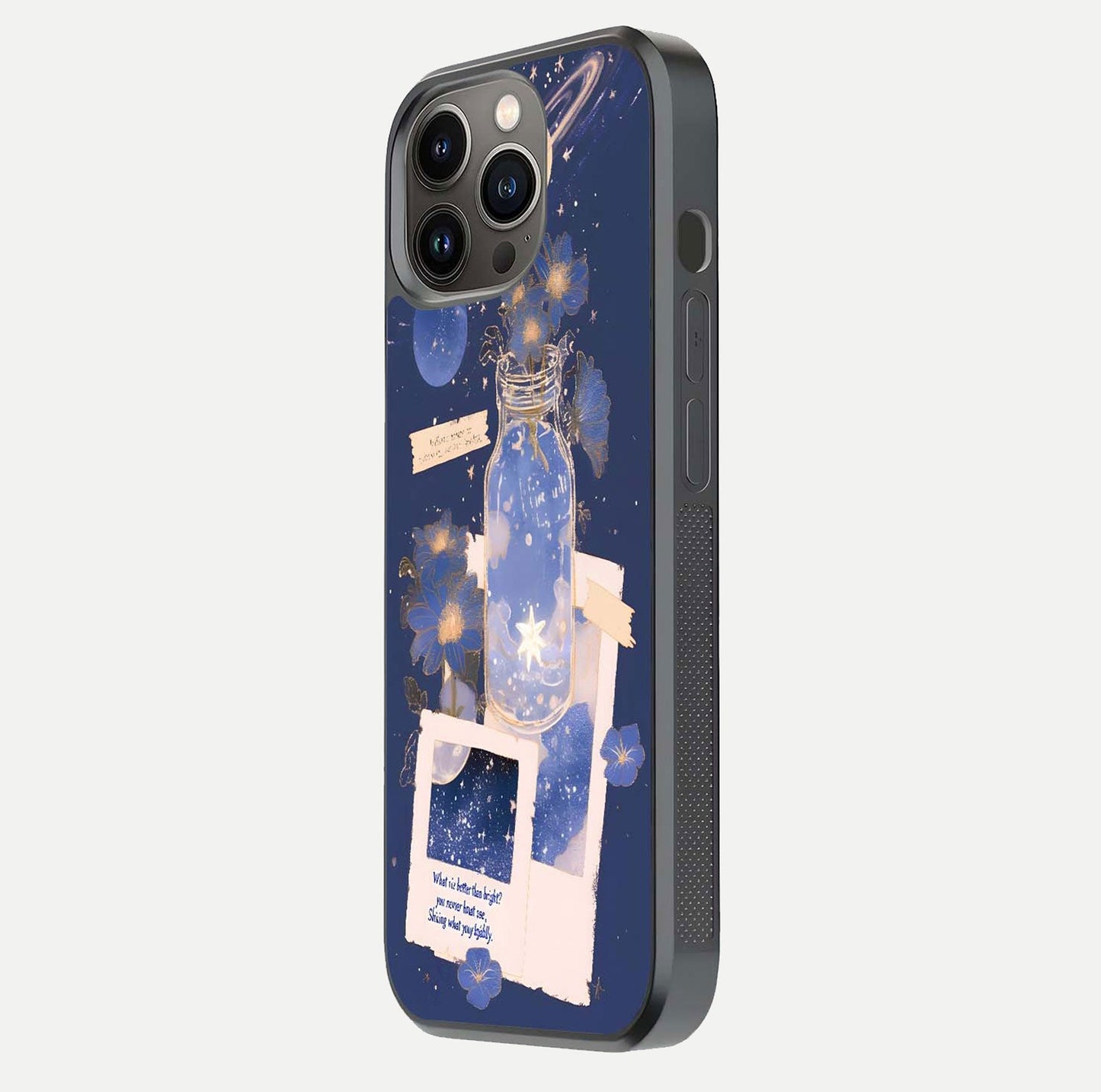 Starlit Cosmic Jar Glass Case for iPhone 13 Pro side-angle image showing glow, texture, and light reflection