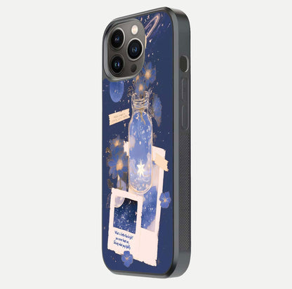 Starlit Cosmic Jar Glass Case for iPhone 13 Pro side-angle image showing glow, texture, and light reflection