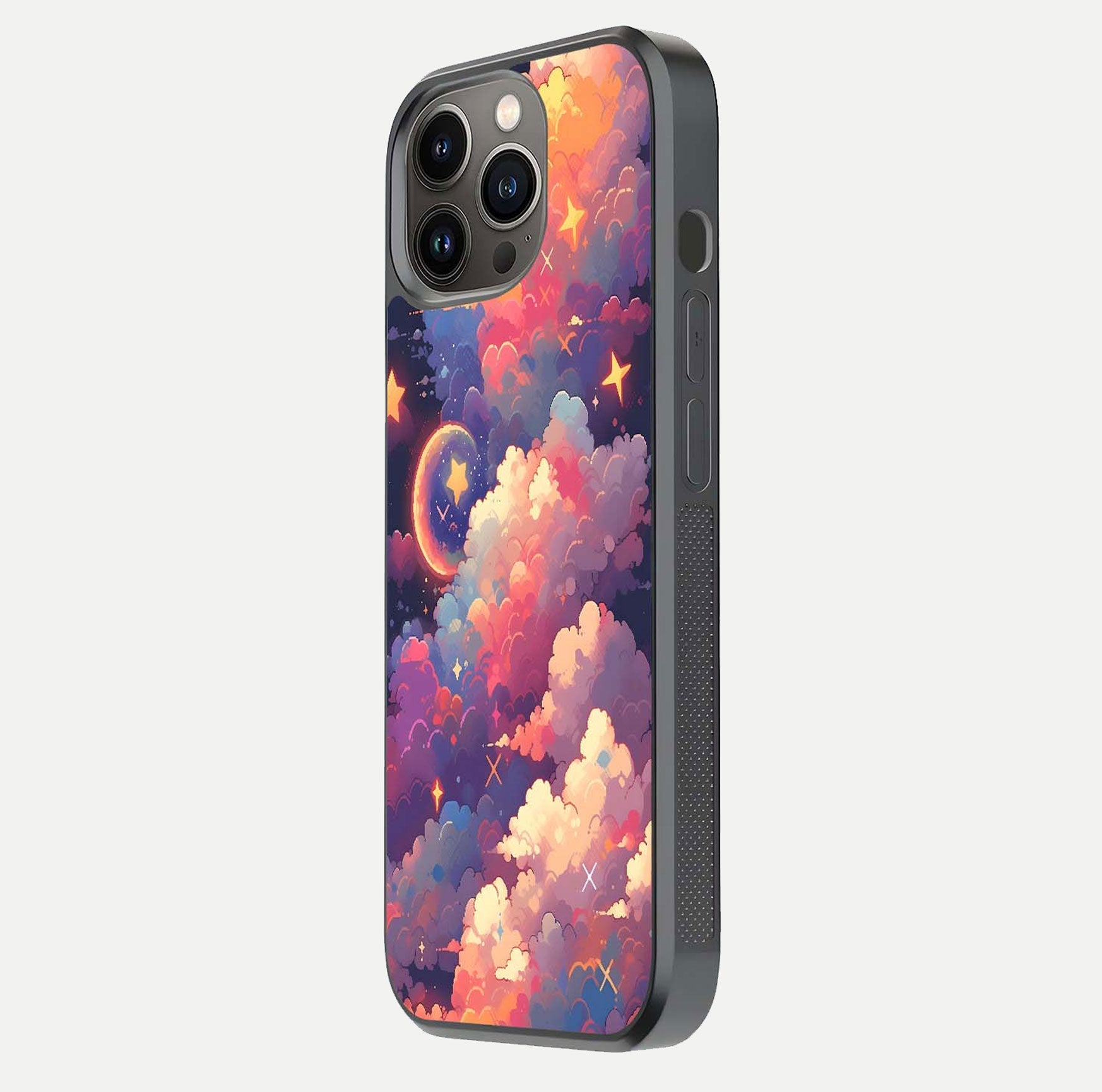 Starlit Dream Clouds Glass Case for iPhone 13 Pro side-angle image showing shine, reflection, and dreamy tones