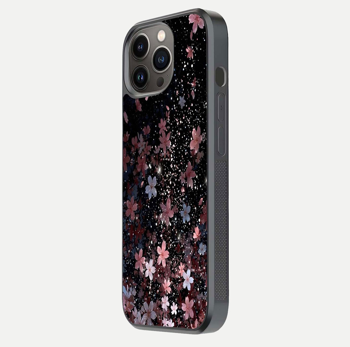 Starlit Flower Dreams Glass Case for iPhone 13 Pro side-angle image showing shine, edge detail, and floral contrast