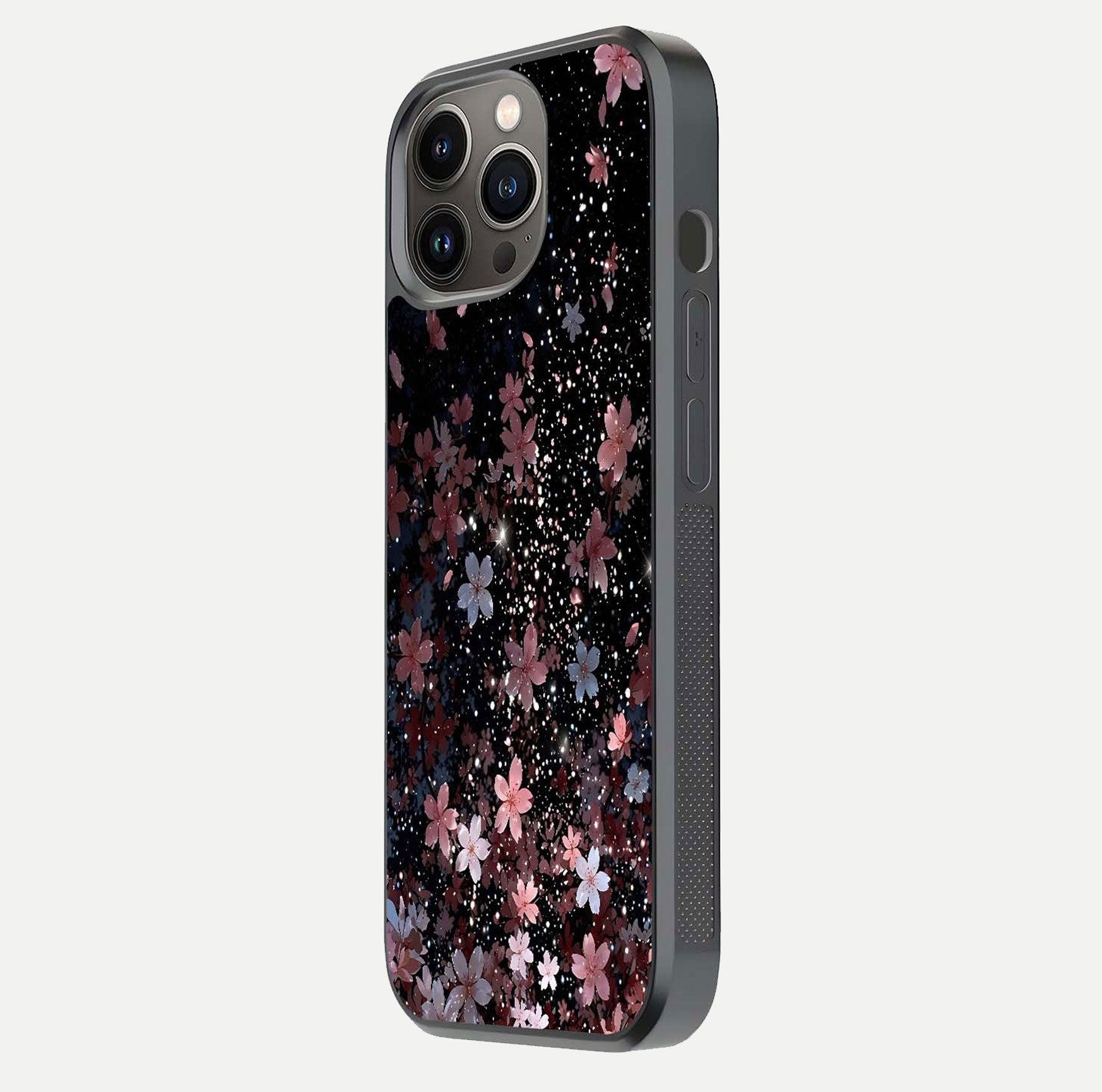 Starlit Flower Dreams Glass Case for iPhone 13 Pro side-angle image showing shine, edge detail, and floral contrast