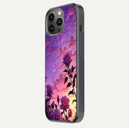 Starlit Rose Twilight Glass Case for iPhone 13 Pro side-angle image showing reflection and petal contrast