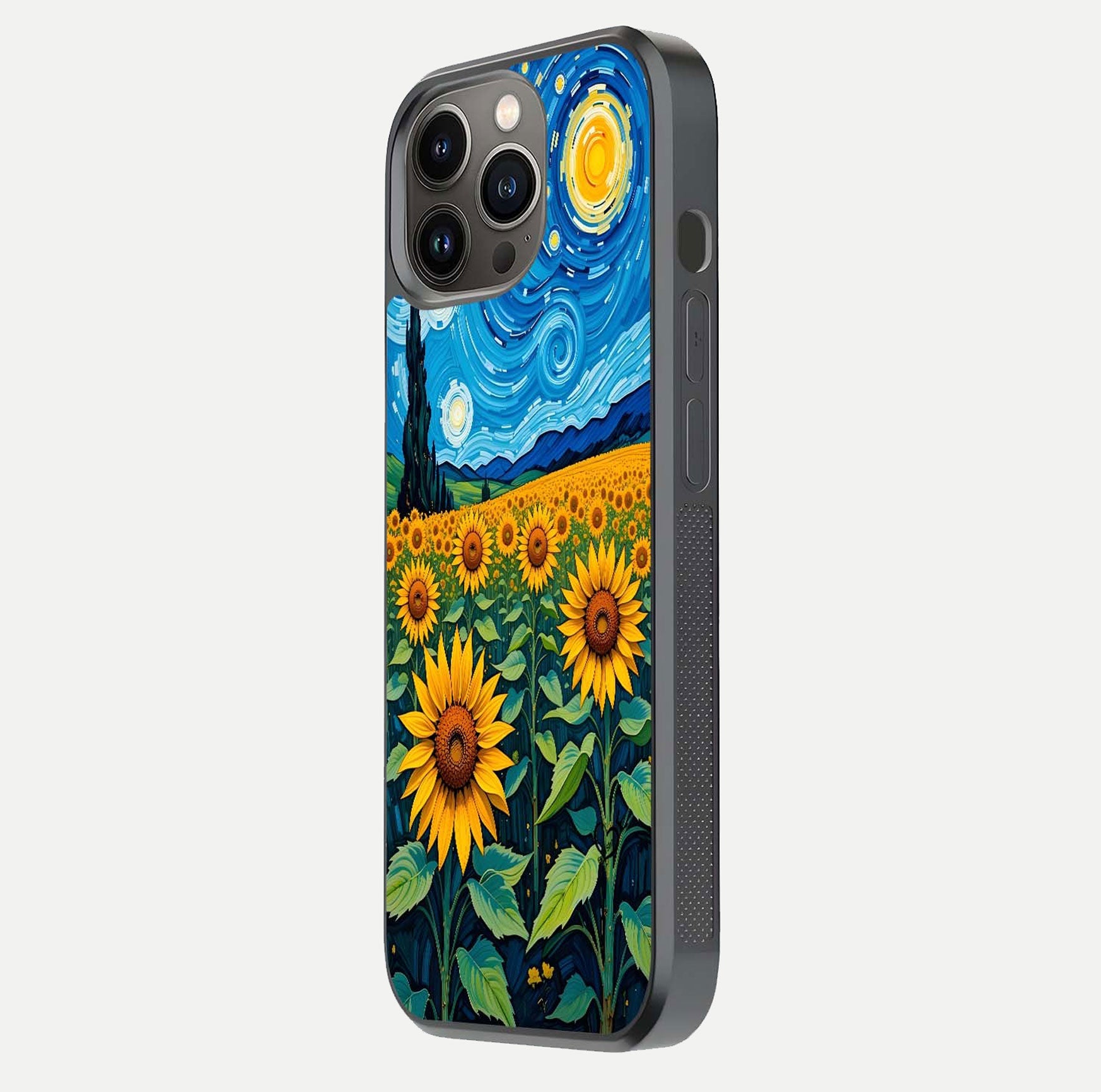 Starry Sunflower Dreams Glass Case for iPhone 13 Pro side-angle image showing reflection, stars, and yellow tone