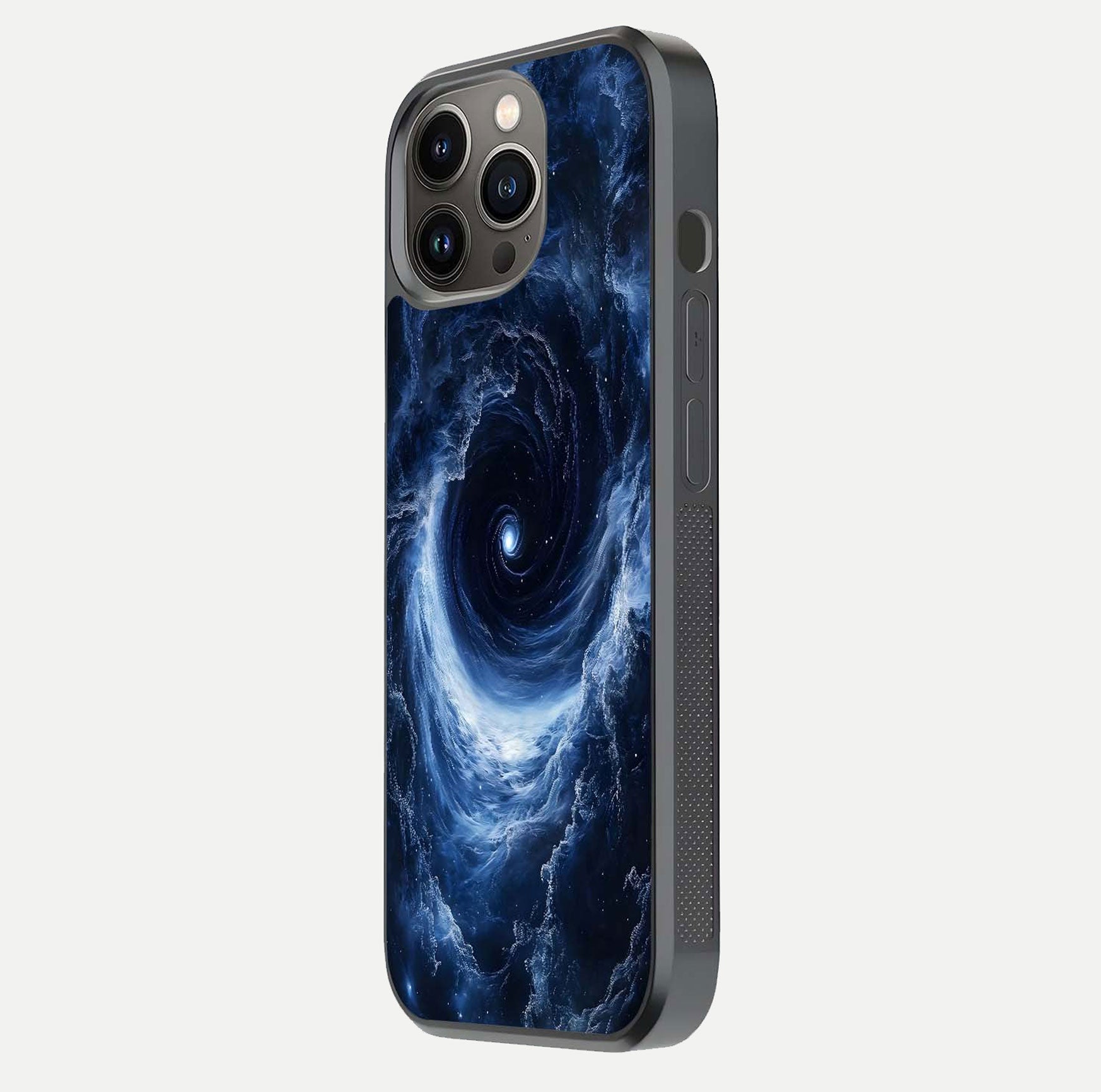 Stunning Galaxy Glass Case for iPhone 13 Pro side-angle image showing glossy reflection and space detailing