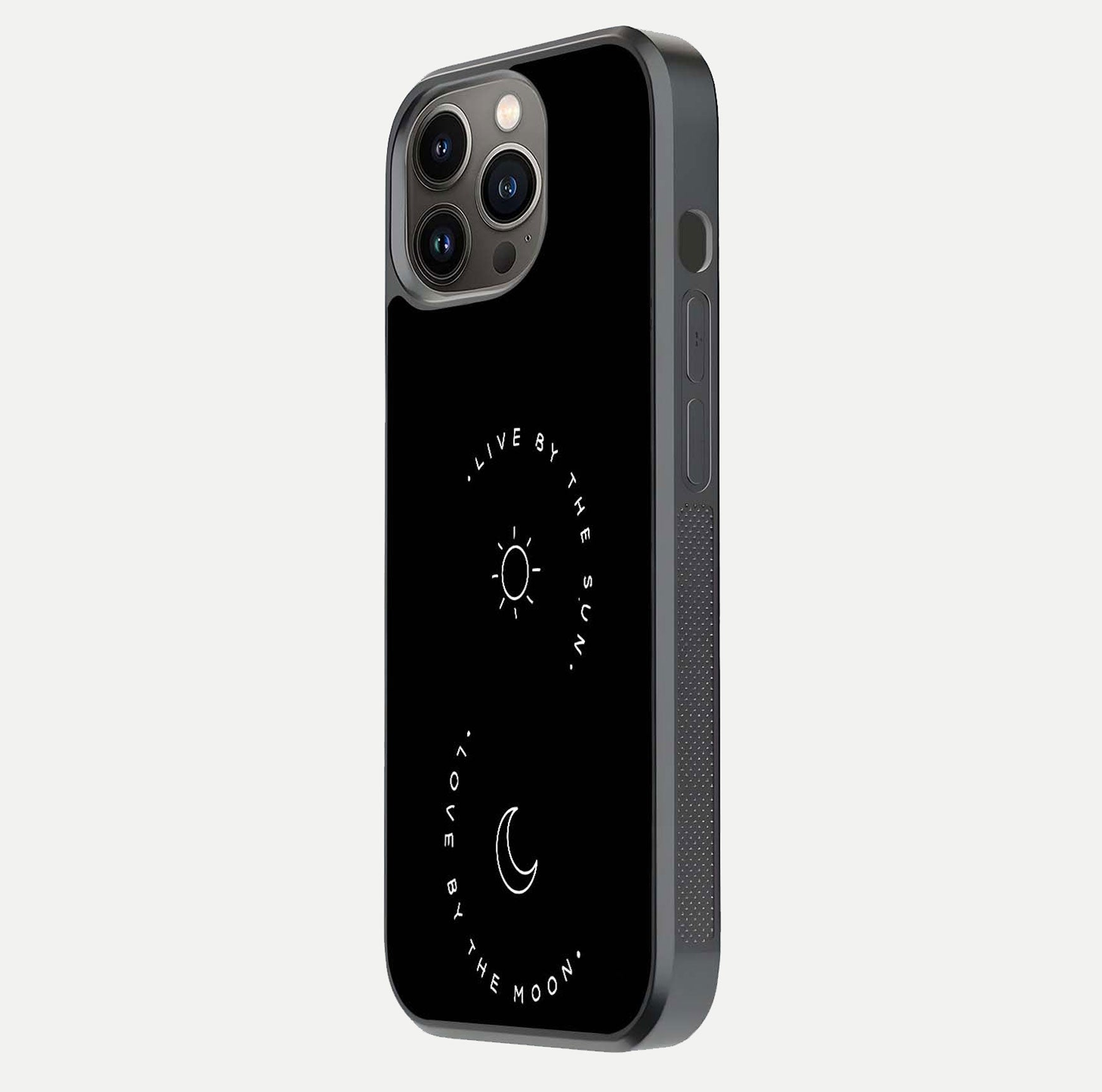 Sun Moon Balance Glass Case for iPhone 13 Pro side-angle image showing reflection and celestial detailing
