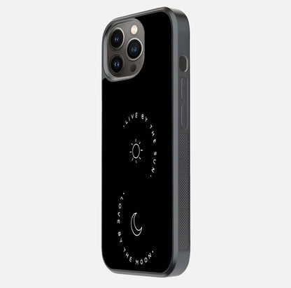 Sun Moon Balance Glass Case for iPhone 13 Pro side-angle image showing reflection and celestial detailing