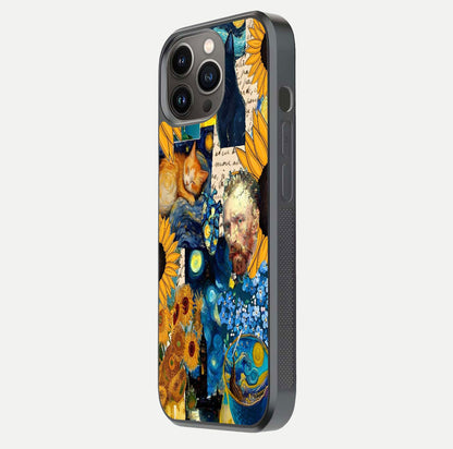 Sunflower Cat Art Glass Case for iPhone 13 Pro side-angle image showing shine, edges, and sunflower texture