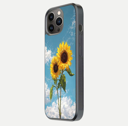 Sunflower Sky Bloom Glass Case for iPhone 13 Pro side-angle image showing reflection, edges, and sunflower color