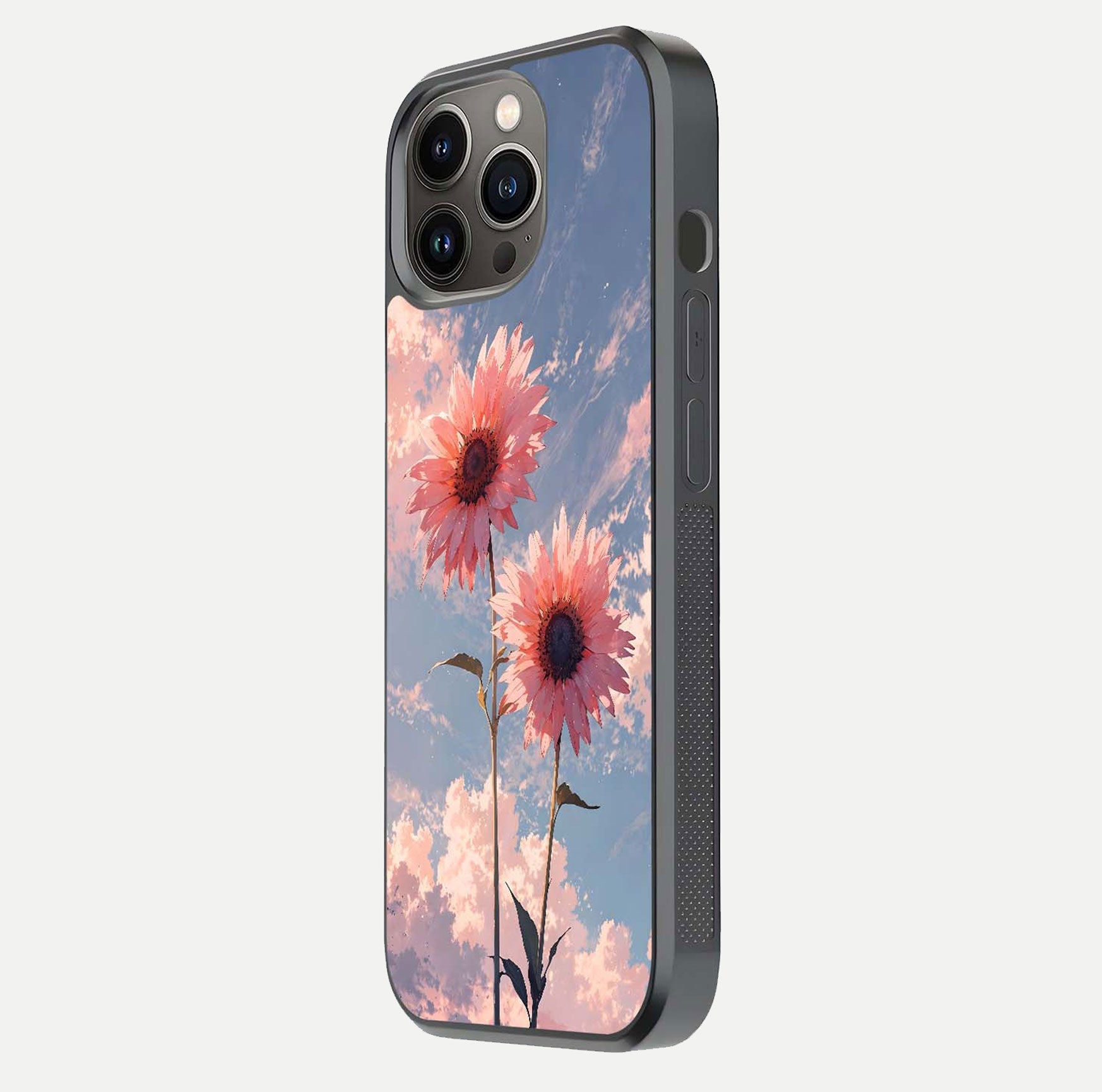 Sunlit Daisy Glow Glass Case for iPhone 13 Pro side-angle image showing shine, gloss, and floral highlight