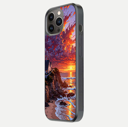 Sunset House by Sea Glass Case for iPhone 13 Pro side-angle image showing reflection and seaside color tone