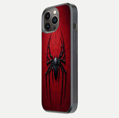 Venom Web Emblem Glass Case for iPhone 13 Pro side-angle image showing reflection and dark color tones