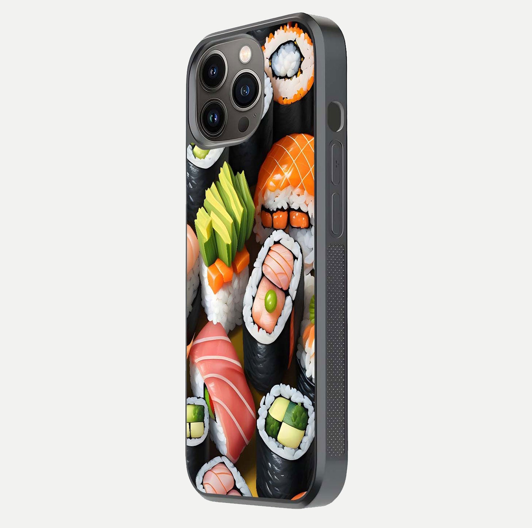 Sushi Food Pattern Glass Case for iPhone 13 Pro side-angle image showing shine, gloss, and sushi artwork