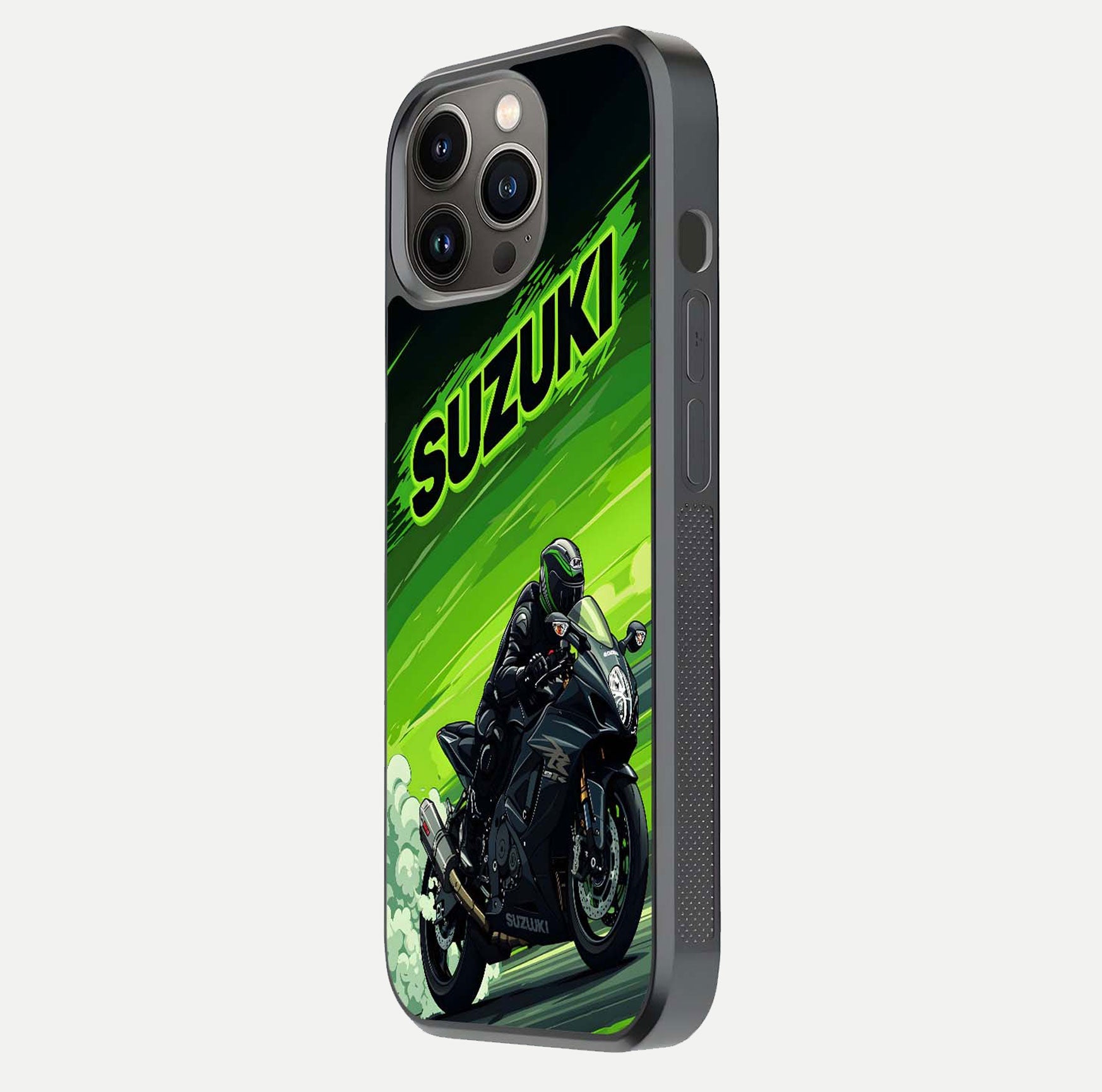 Suzuki Speed Beast Glass Case for iPhone 13 Pro side-angle image showing reflection, gloss, and car detailing