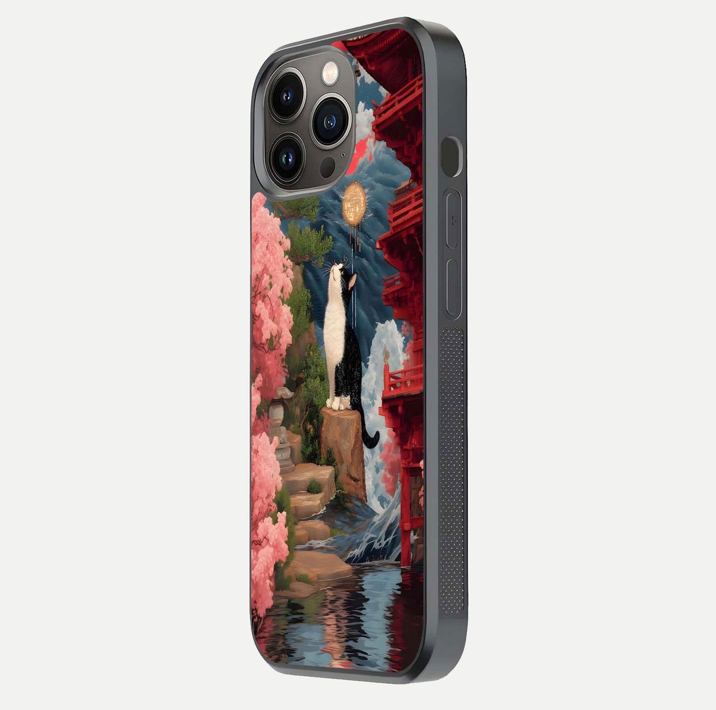 Temple Cat Scenery Glass Case for iPhone 13 Pro side-angle image showing shine and printed temple pattern