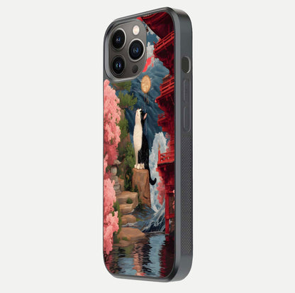 Temple Cat Scenery Glass Case for iPhone 13 Pro side-angle image showing shine and printed temple pattern