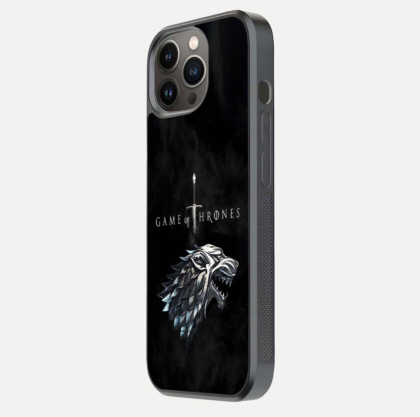 Throne Wolf Legacy Glass Case for iPhone 13 Pro side-angle image showing gloss, texture, and HD print