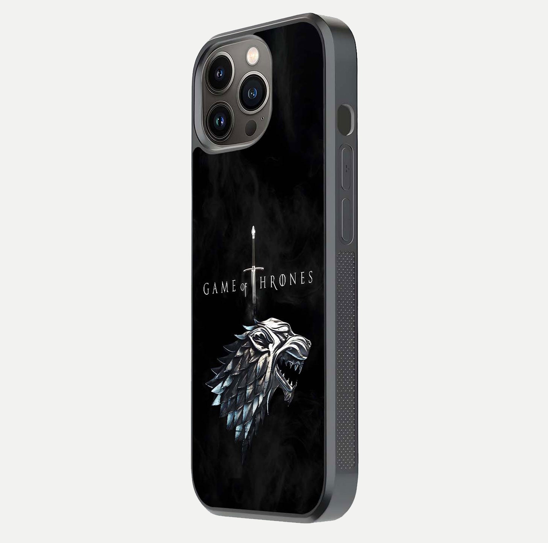 Throne Wolf Legacy Glass Case for iPhone 13 Pro side-angle image showing gloss, texture, and HD print