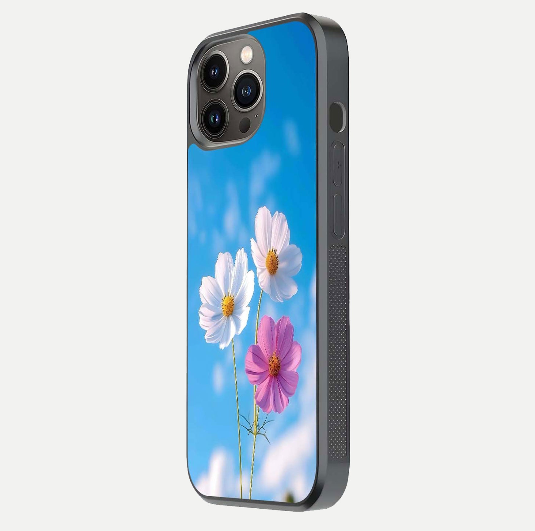 Triple Flowers With Sky Glass Case for iPhone 13 Pro side-angle image showing gloss, texture, and floral design