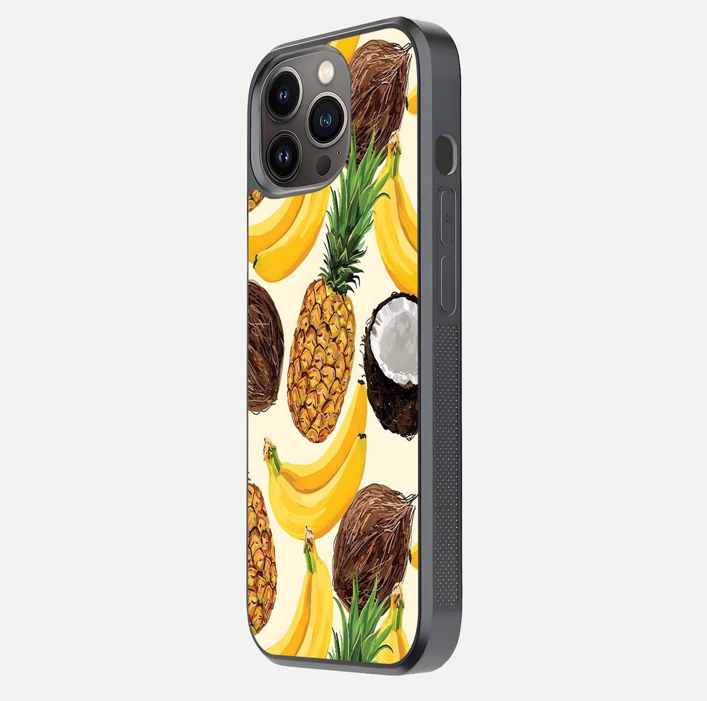Tropical Fruit Mood Glass Case for iPhone 13 Pro side-angle image showing reflection, gloss, and fruit details