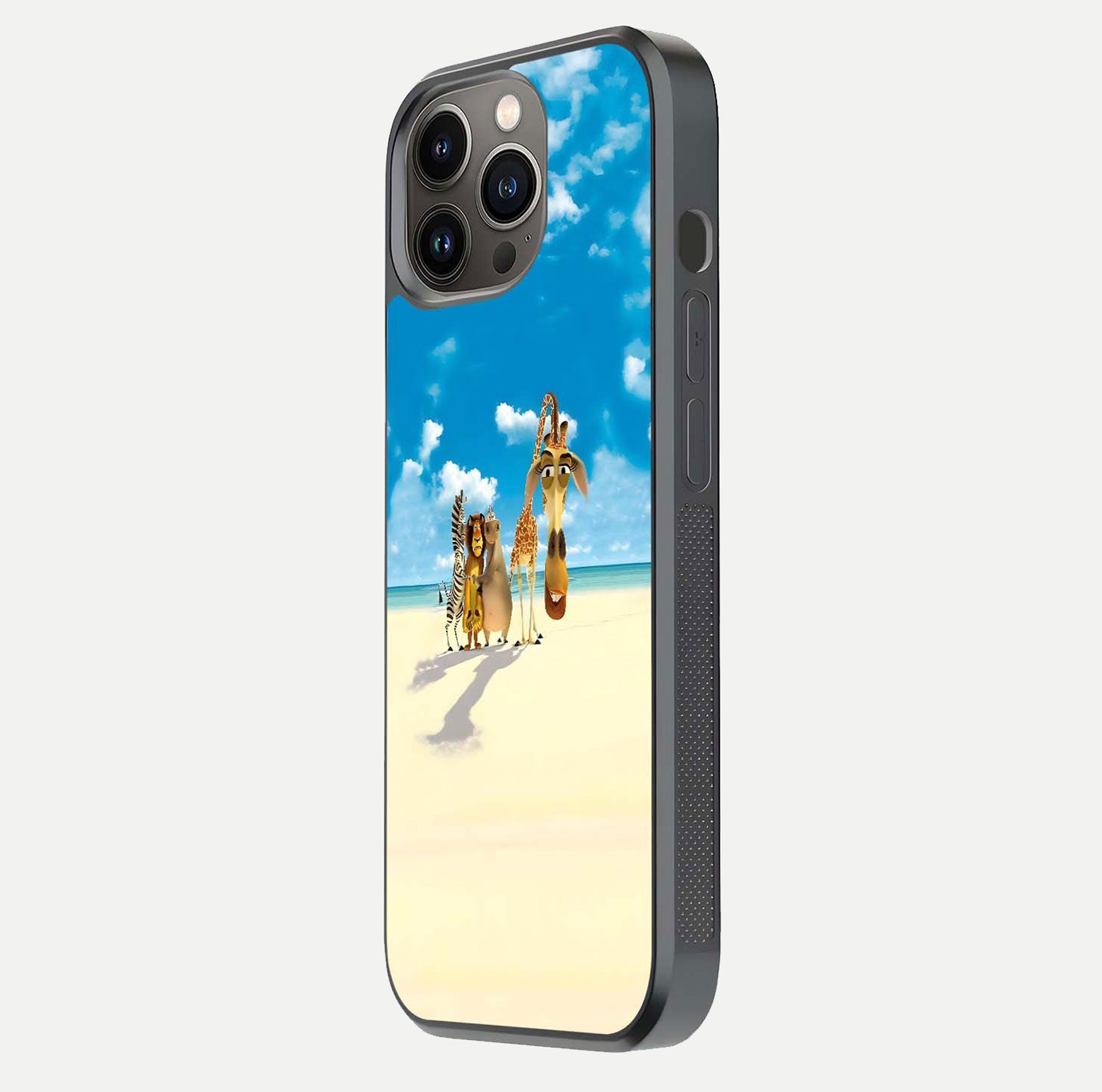 Tropical Fun Squad Glass Case for iPhone 13 Pro side-angle image showing shine, color depth, and surface gloss