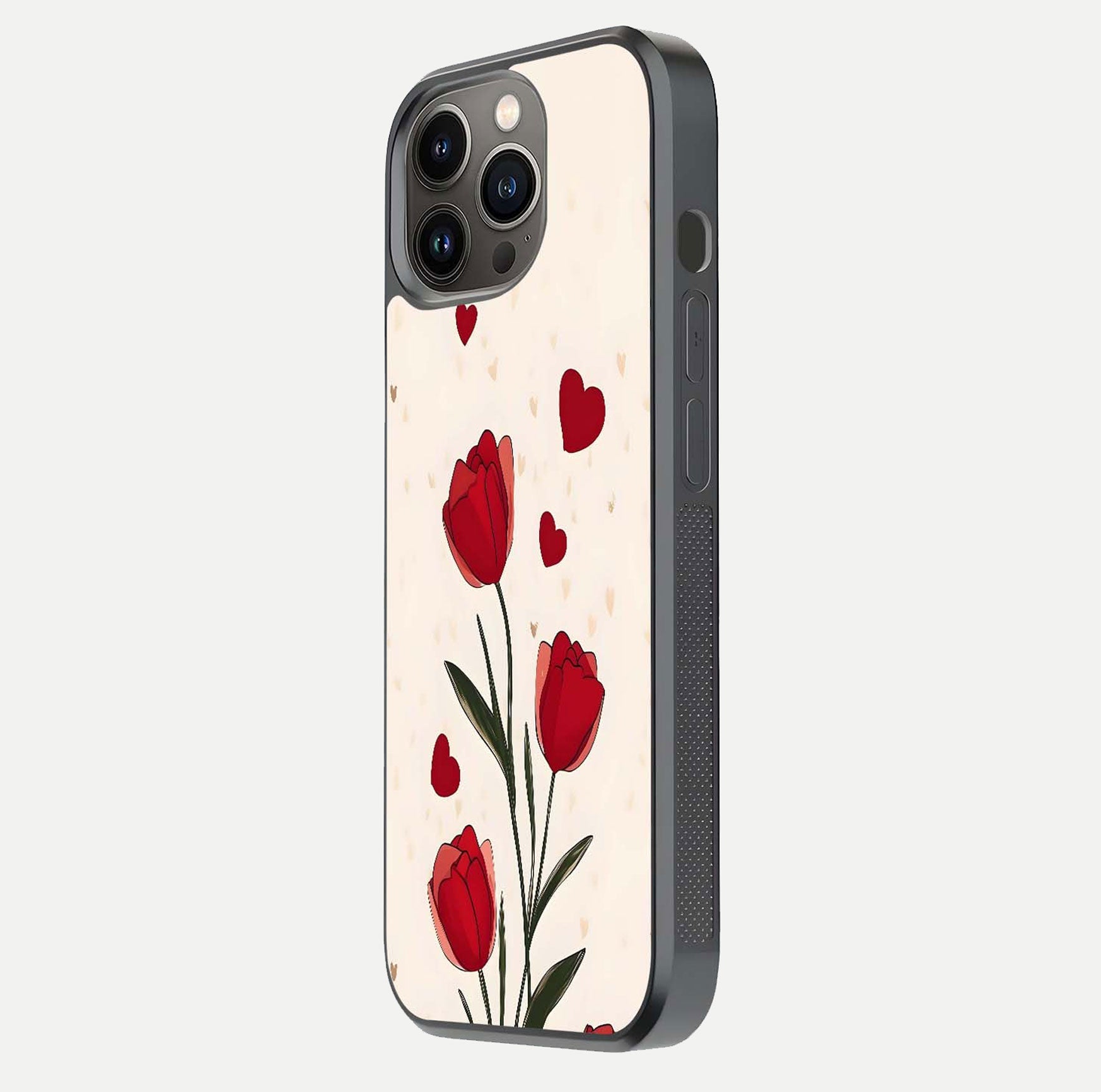 Tulip With Heart Glass Case for iPhone 13 Pro side-angle image showing floral reflection and subtle gradient
