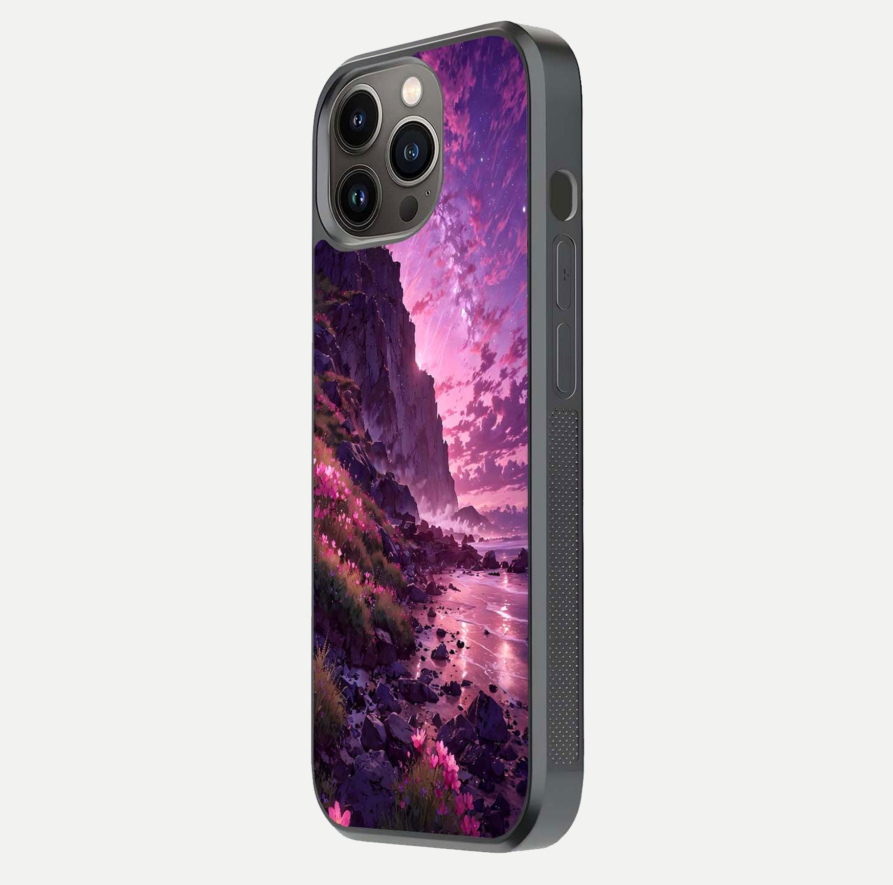 Twilight Blossom Coast Glass Case for iPhone 13 Pro side-angle image showing shine, reflection, and petal tone