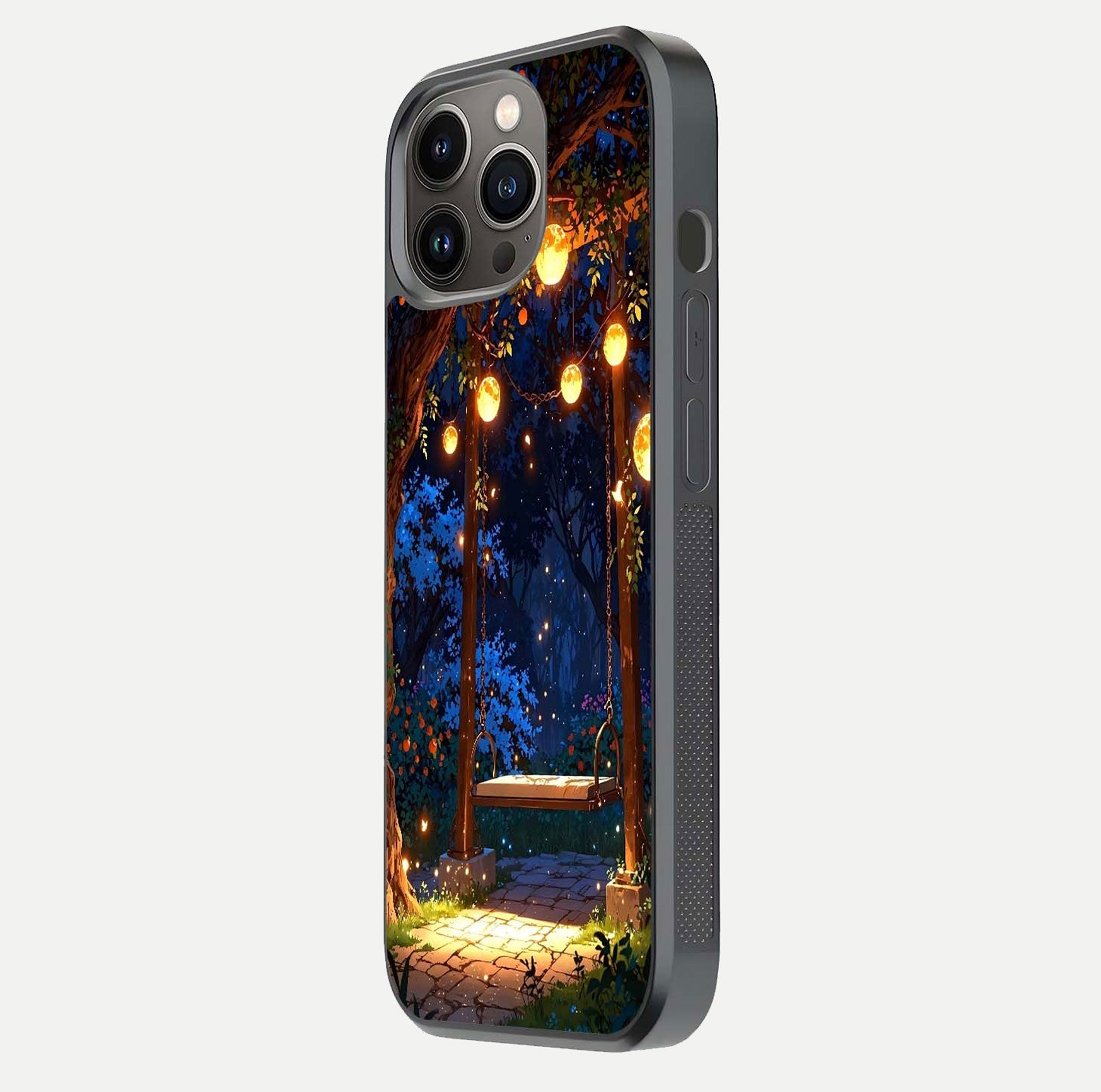 Twilight Garden Swing Glass Case for iPhone 13 Pro side-angle image showing reflection, gloss, and scenic depth