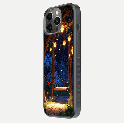 Twilight Garden Swing Glass Case for iPhone 13 Pro side-angle image showing reflection, gloss, and scenic depth