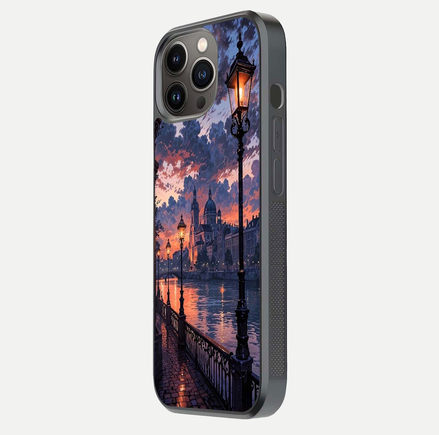 Twilight River Lights Glass Case for iPhone 13 Pro side-angle image showing reflections, lighting, and gradient tones
