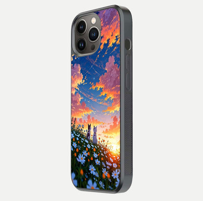 Two Cats Friends Glass Case for iPhone 13 Pro side-angle image showing reflection, gloss, and color depth